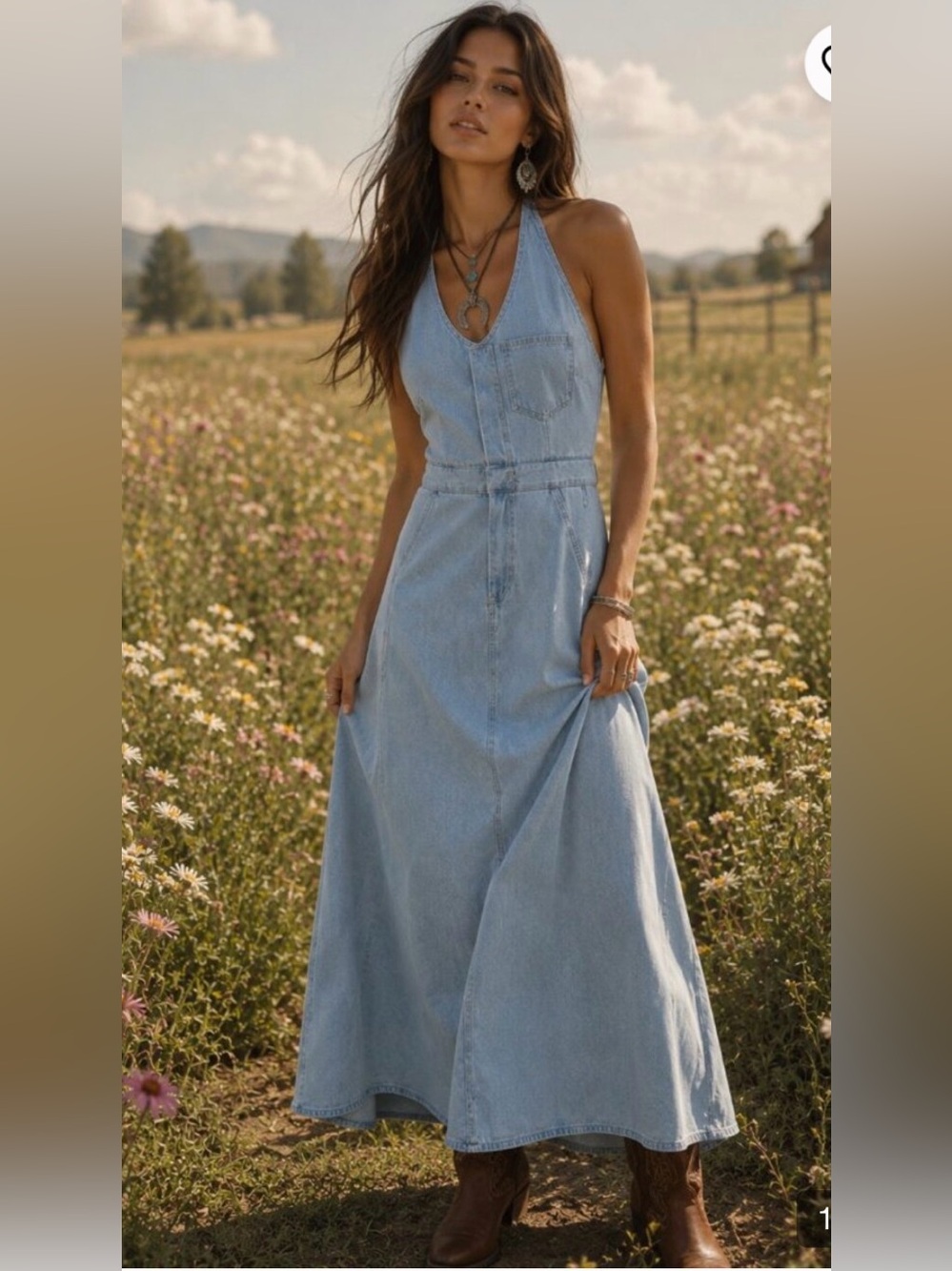 Universal Thread Light Wash Denim Halter Maxi Dress Open Back Pockets Size 12
